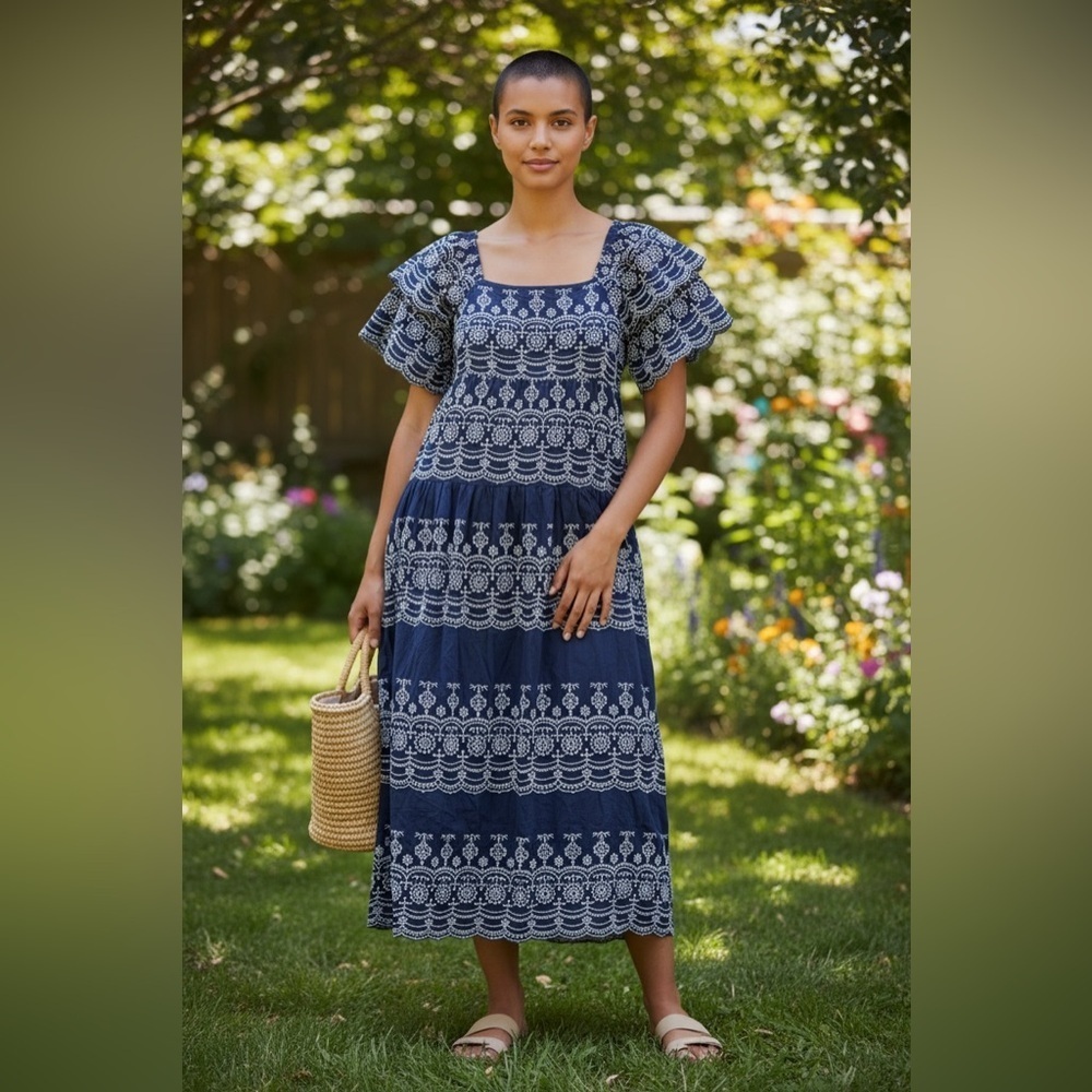 Joie Embroidered Eyelet Ruffle Sleeve Maxi Dress Size Large 100% Cotton Spring